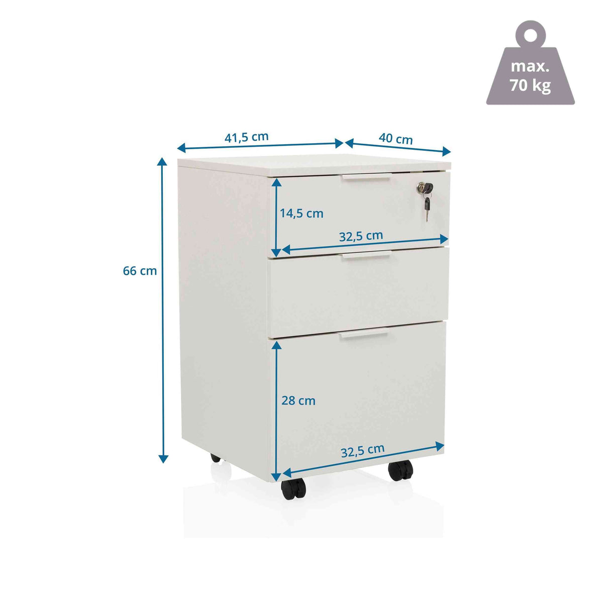 Atvilktņu bloks uz riteņiem LOCK, 3 atvilktnes, balts, slēdzams - Ergostock.lv
