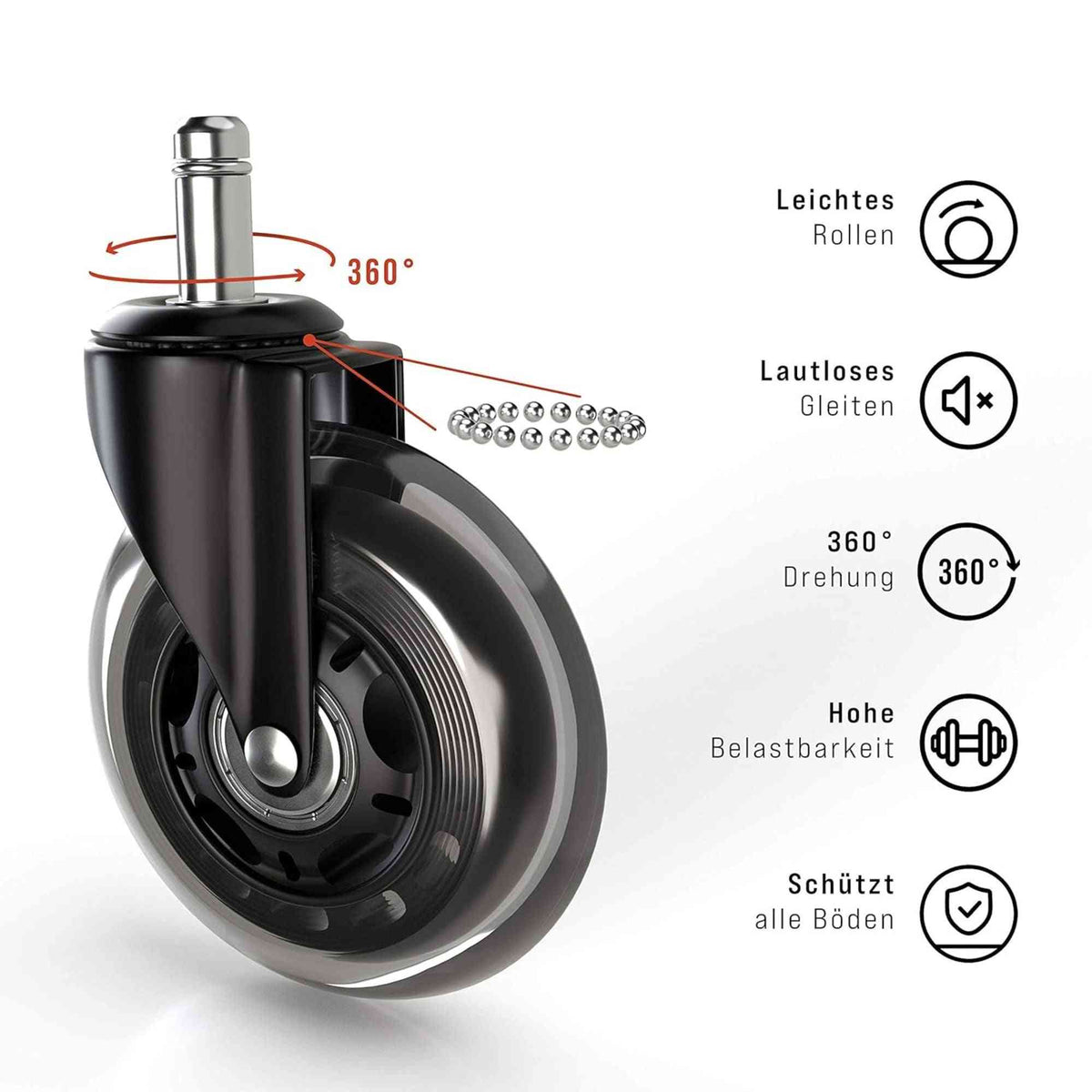 Kontoritooli rattad ULTRA SILENT 360°, läbimõõt 63 mm