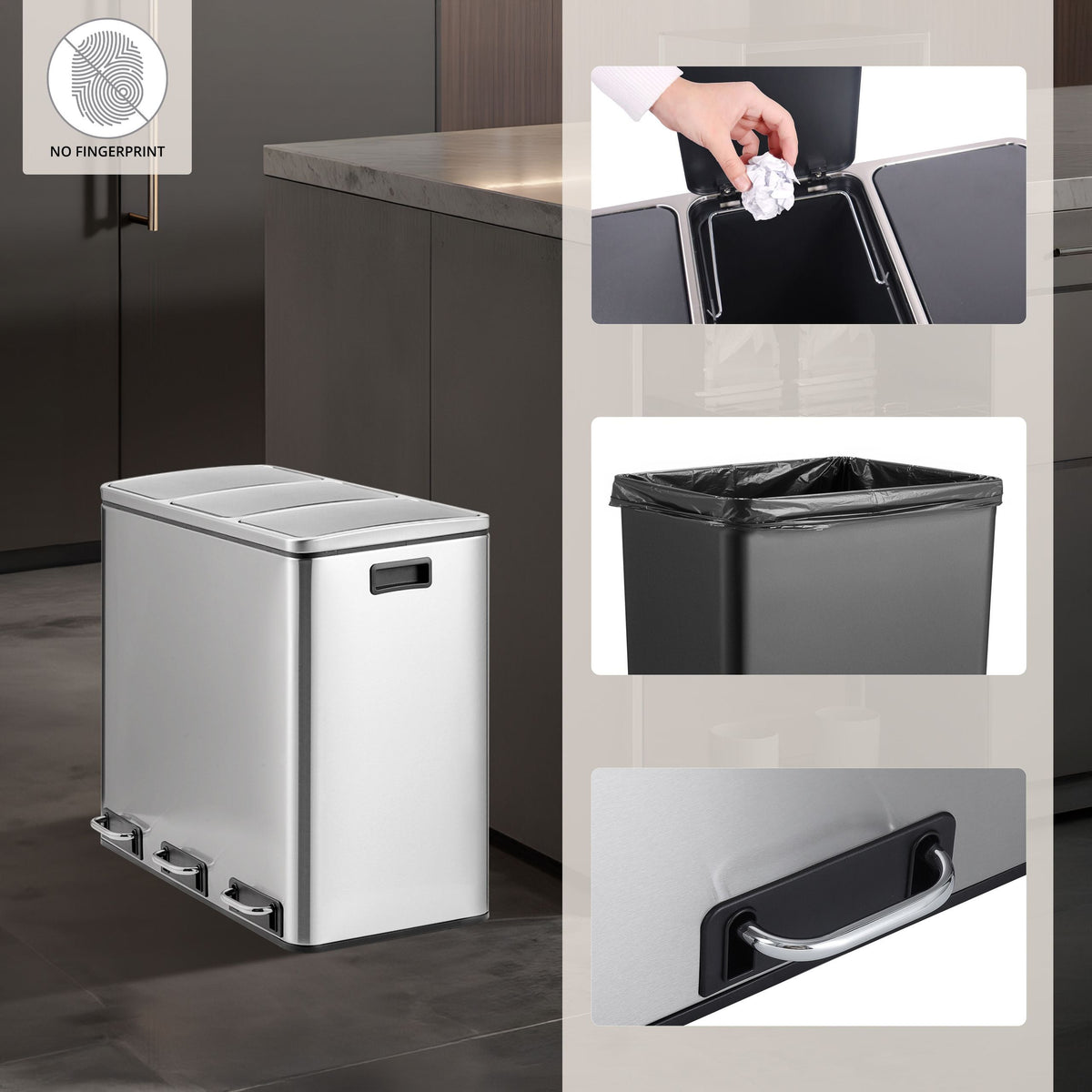 Prügikast CLEAN PRO Silver 3 x 18 L