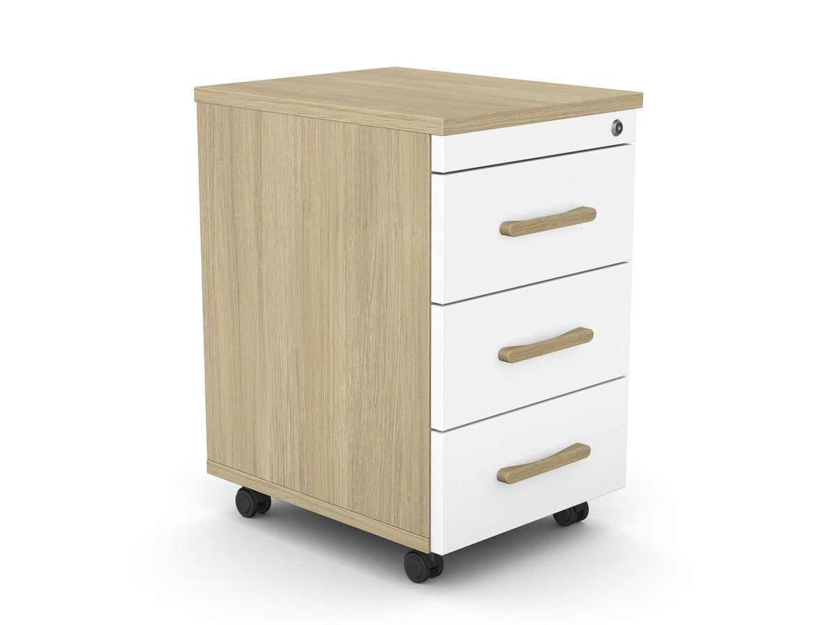 Ratastel sahtliboks SLIM, 3 sahtliga, lukustatav – Amber Oak / Valge / Täispuit