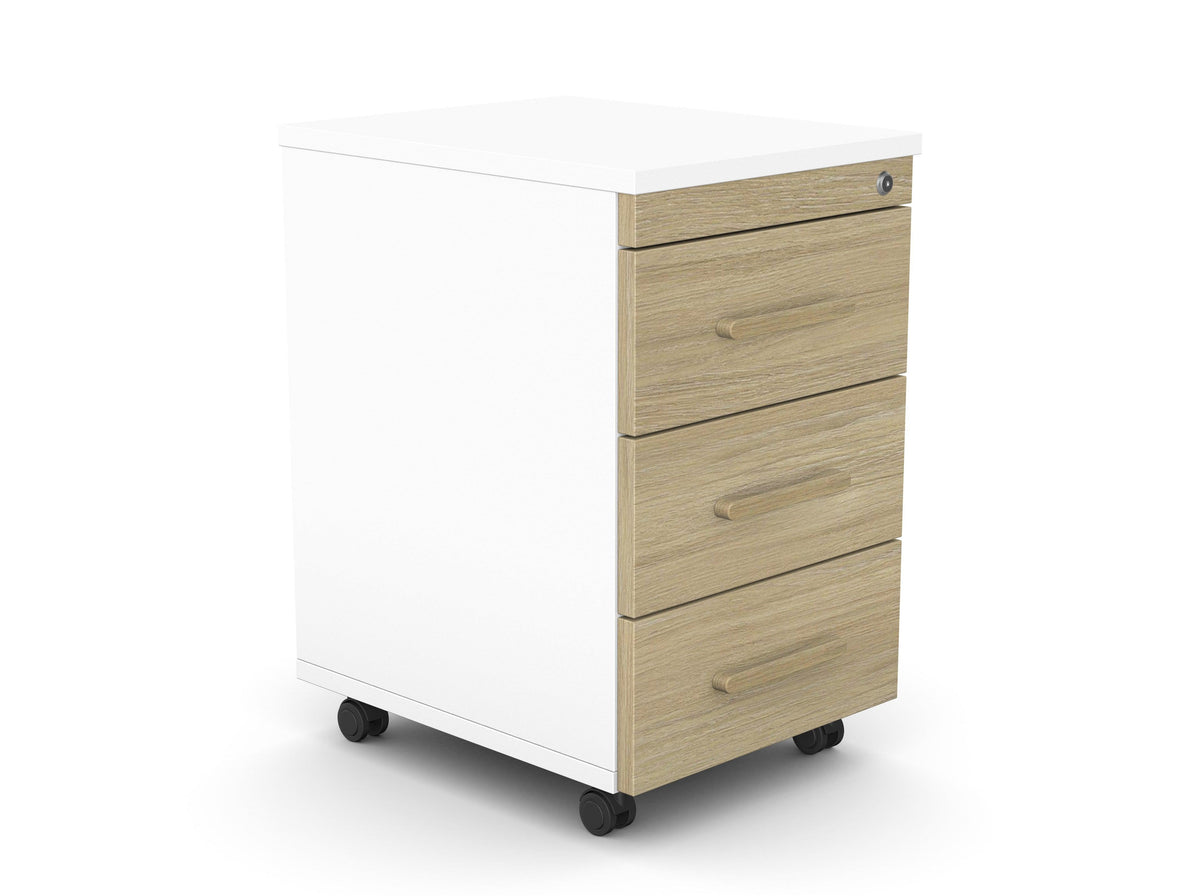 Ratastel sahtliboks SLIM, 3 sahtliga, lukustatav – Valge / Amber Oak / Täispuit