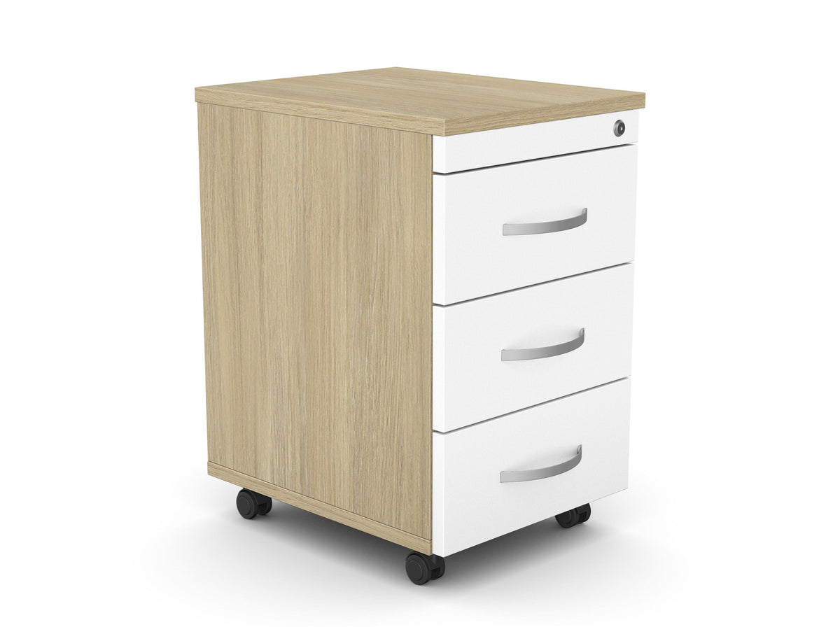 Ratastel sahtliboks SLIM, 3 sahtliga, lukustatav – Amber Oak / Valge / Metall