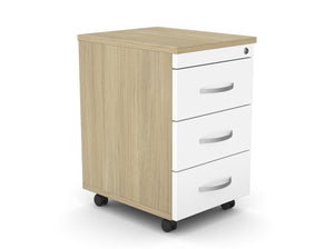 Ratastel sahtliboks SLIM, 3 sahtliga, lukustatav – Amber Oak / Valge / Metall