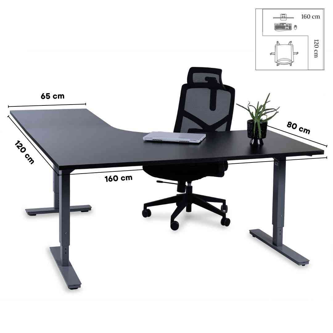 Forza Line L-kujuline kontorilaud 160 cm x 120 cm – must / hõbedane / parem