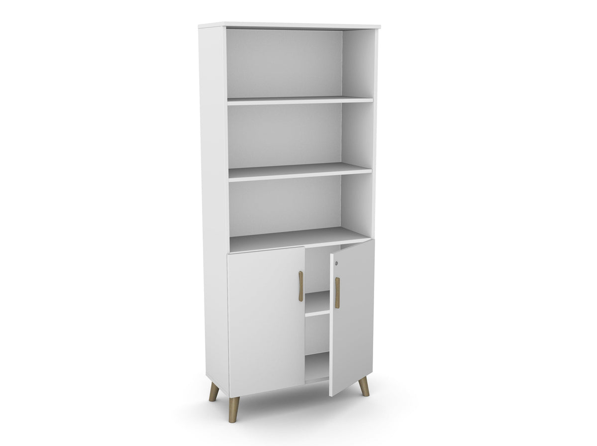 Kontorikapp Flexx, 3 avatud riiuliga, 1800 x 800 x 355 mm – Valge / Puitjalad