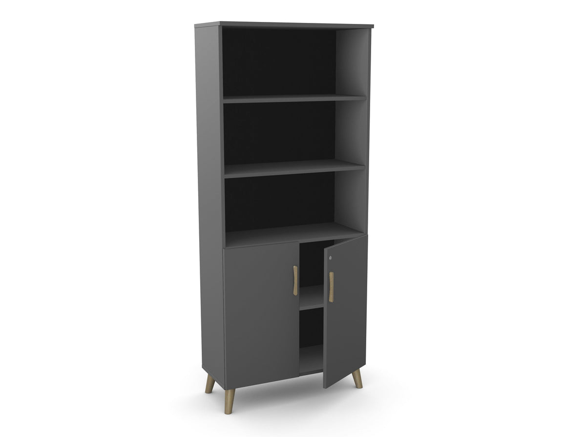 Kontorikapp Flexx, 3 avatud riiuliga, 1800 x 800 x 355 mm – Grafiit / Puitjalad
