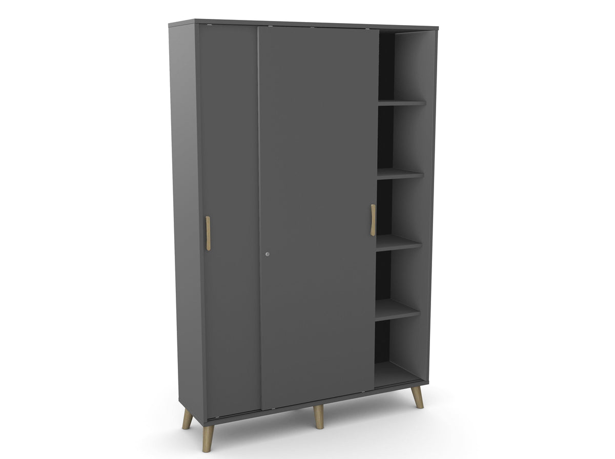 Kontorikapp Flexx, liuguste ja 10 riiuliga, 1800 x 1200 x 355 mm – grafiit / puitjalad