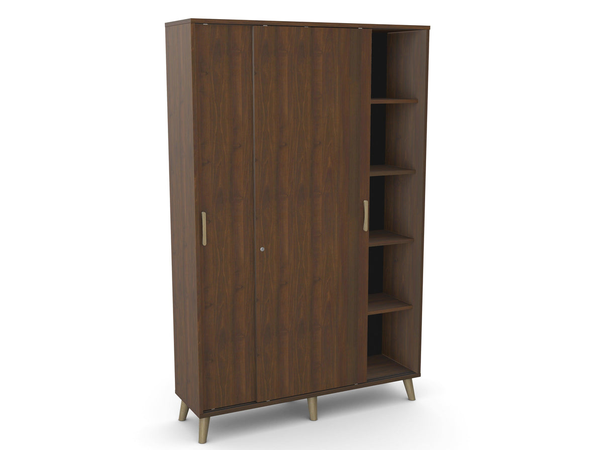 Kontorikapp Flexx, liuguste ja 10 riiuliga, 1800 x 1200 x 355 mm – pähklipuit / puitjalad