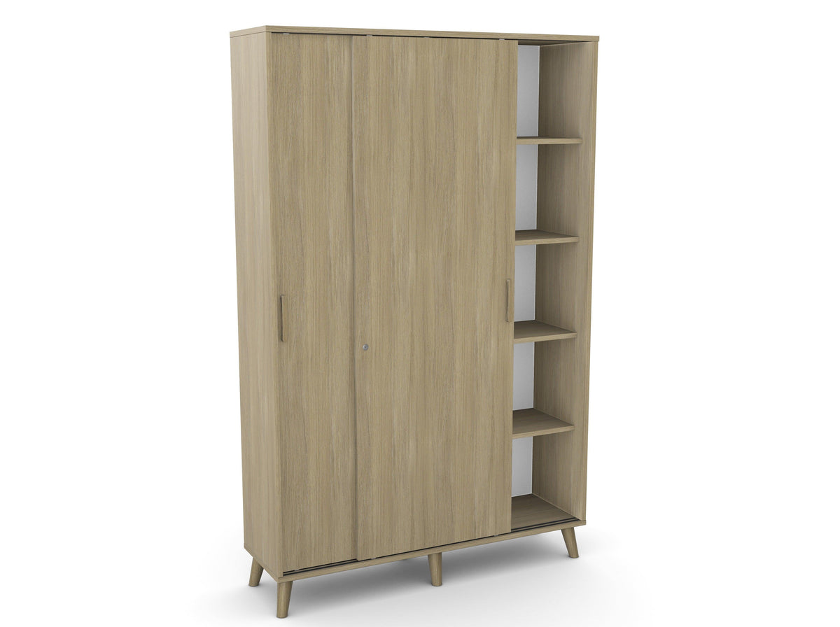Kontorikapp Flexx, liuguste ja 10 riiuliga, 1800 x 1200 x 355 mm – merevaigukarva tamm / puitjalad