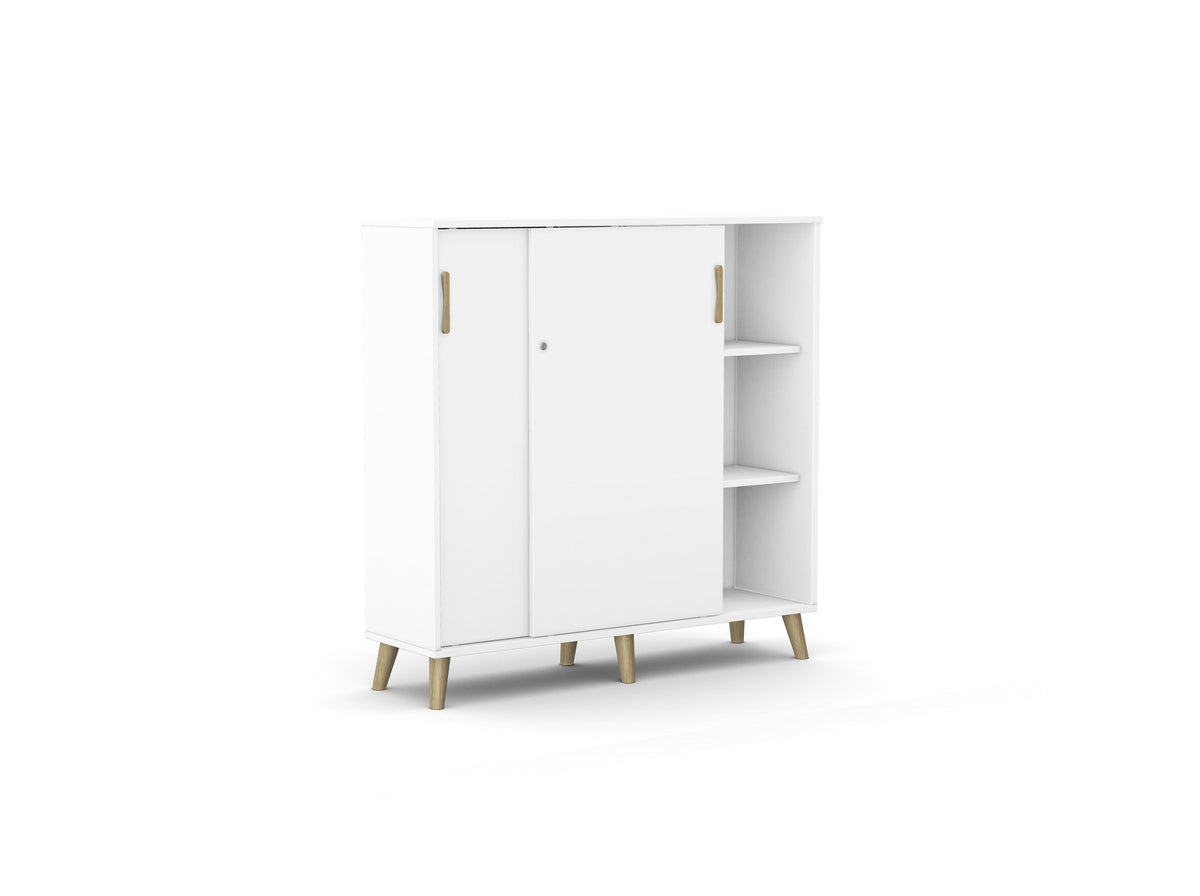 Bürookapp Flexx, liuguste ja 6 riiuliga, 1190 x 1200 x 355 mm – Valge / Puitjalad