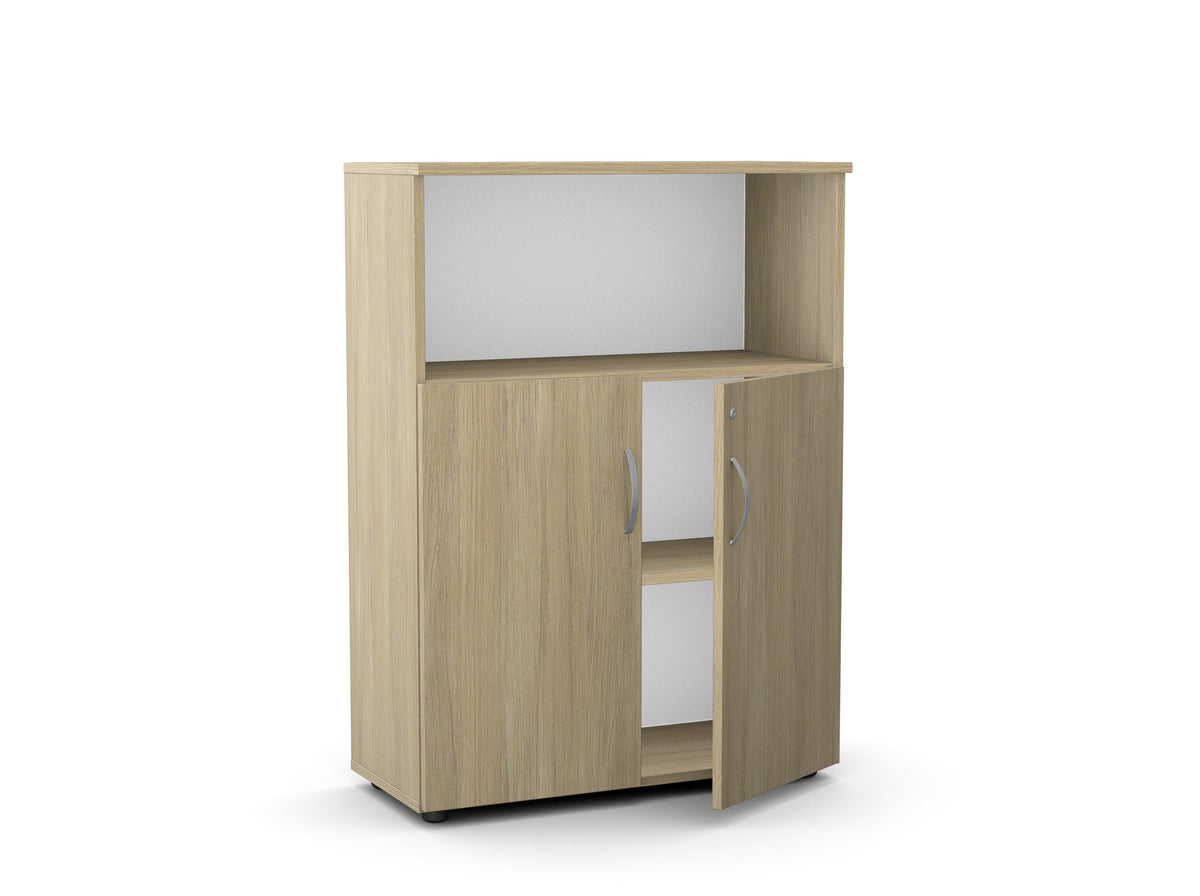 Kontorikapp Flexx avatud riiuli ja hingedega ustega, 1190 x 800 x 355 mm – Merevaigutooni tamm / Plastjalad