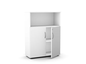 Kontorikapp Flexx avatud riiuli ja hingedega ustega, 1190 x 800 x 355 mm – Valge / Plastjalad