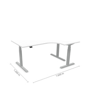 Elektriliselt reguleeritava kõrgusega laud Prestige Line, L-kujuline, 160 cm x 120 cm – Valge / Hõbedane / Parempoolne