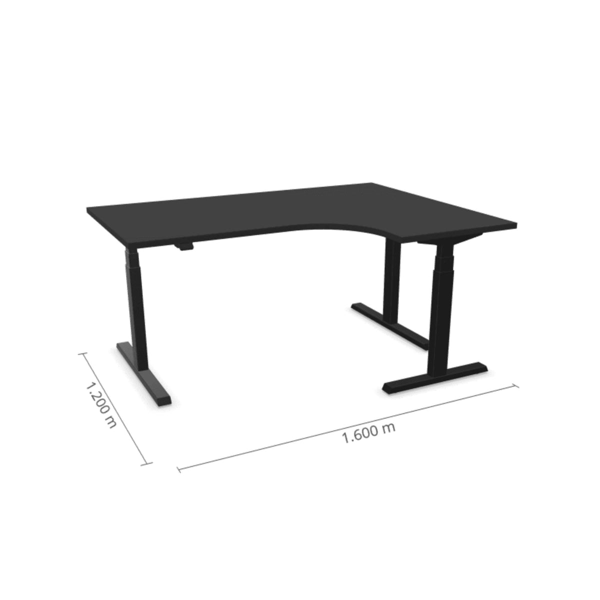 Elektriliselt reguleeritava kõrgusega laud Prestige Line, L-kujuline, 160 cm x 120 cm – Must / Must / Parempoolne
