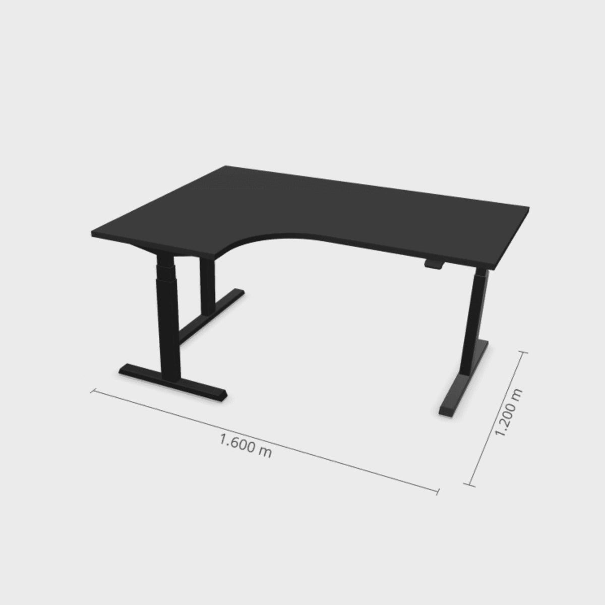 Elektriliselt reguleeritava kõrgusega laud Prestige Line, L-kujuline, 160 cm x 120 cm – Must / Must / Vasakpoolne