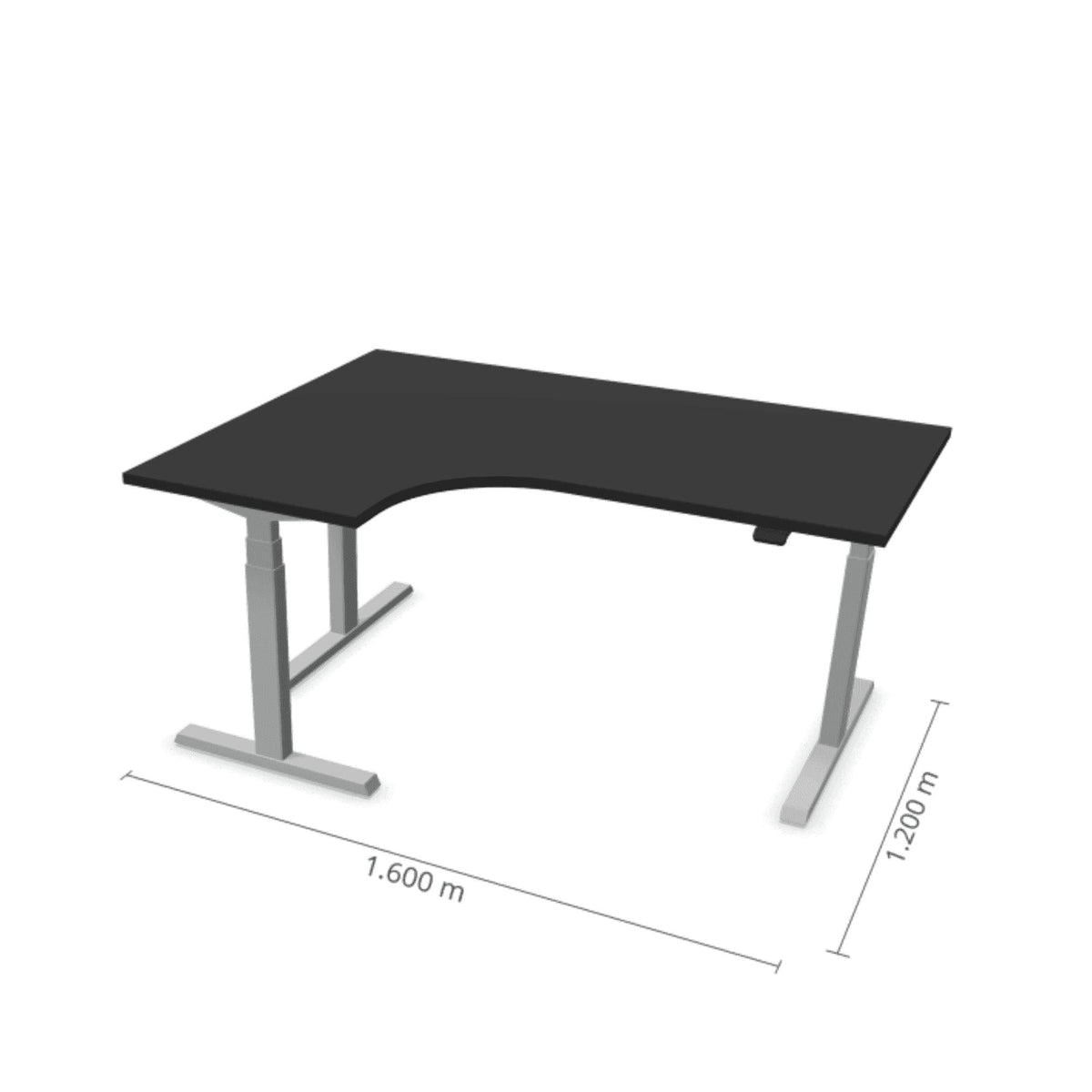 Elektriliselt reguleeritava kõrgusega laud Prestige Line, L-kujuline, 160 cm x 120 cm – Must / Hõbedane / Vasakpoolne