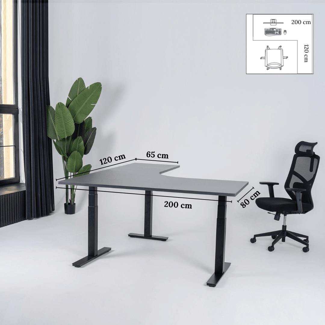 Elektriliselt reguleeritava kõrgusega laud Prestige Line, L-kujuline, 200 cm x 120 cm – Antratsiit / Must / Parempoolne