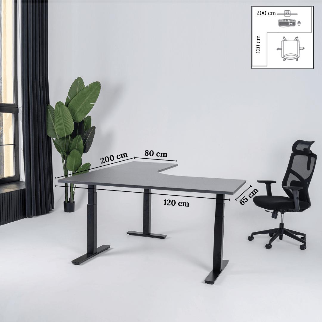 Elektriliselt reguleeritava kõrgusega laud Prestige Line, L-kujuline, 200 cm x 120 cm – Antratsiit / Must / Vasakpoolne