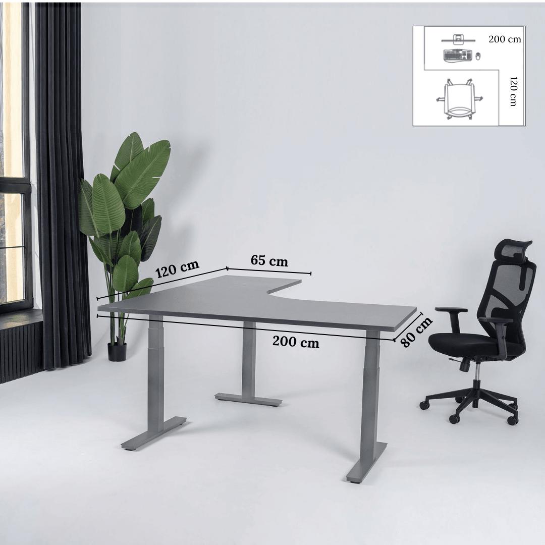 Elektriliselt reguleeritava kõrgusega laud Prestige Line, L-kujuline, 200 cm x 120 cm – Antratsiit / Hõbedane / Parempoolne