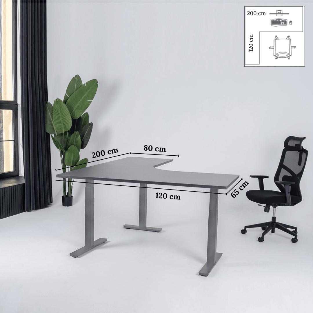 Elektriliselt reguleeritava kõrgusega laud Prestige Line, L-kujuline, 200 cm x 120 cm – Must / Hõbedane / Vasakpoolne