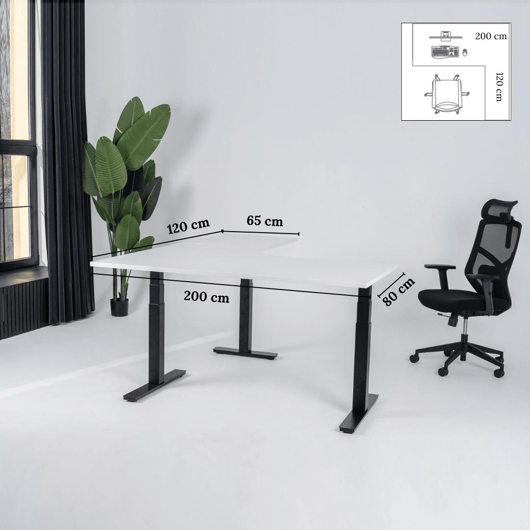 Elektriliselt reguleeritava kõrgusega laud Prestige Line, L-kujuline, 200 cm x 120 cm – Valge / Must / Parempoolne