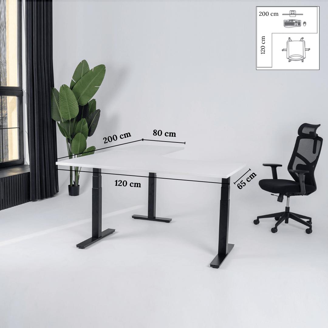 Elektriliselt reguleeritava kõrgusega laud Prestige Line, L-kujuline, 200 cm x 120 cm – Valge / Must / Vasakpoolne
