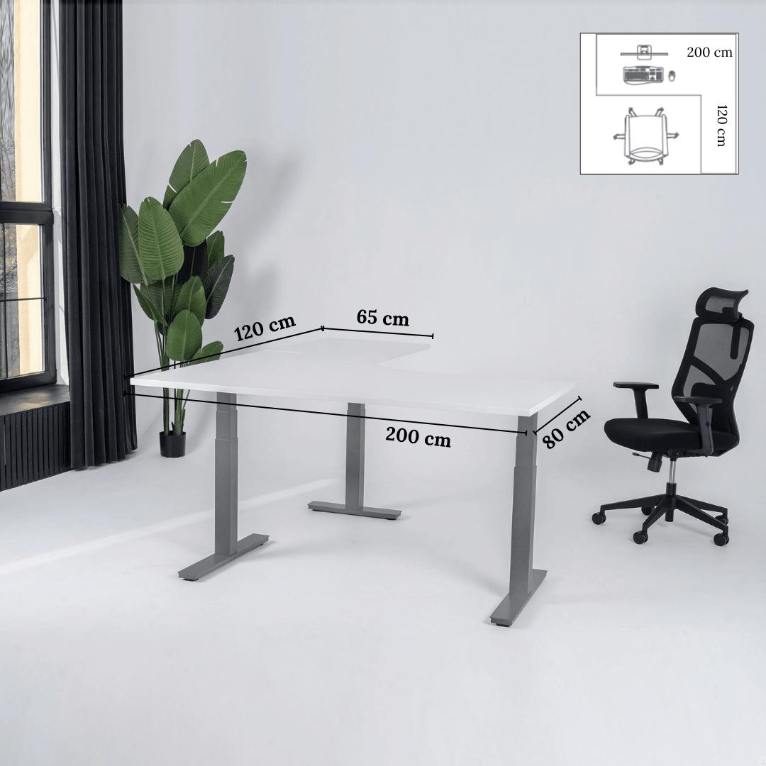 Elektriliselt reguleeritava kõrgusega laud Prestige Line, L-kujuline, 200 cm x 120 cm – Valge / Hõbedane / Parempoolne