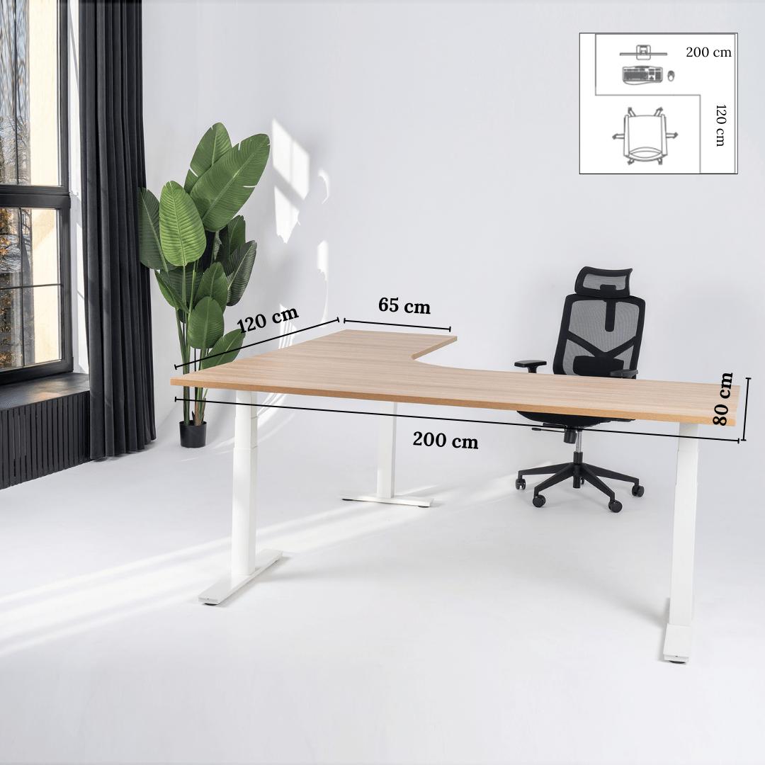 Elektriliselt reguleeritava kõrgusega laud Prestige Line, L-kujuline, 200 cm x 120 cm – Ameerika tamm / Valge / Parempoolne