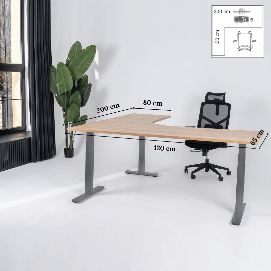Elektriliselt reguleeritava kõrgusega laud Prestige Line, L-kujuline, 200 cm x 120 cm – Ameerika tamm / Hõbedane / Vasakpoolne