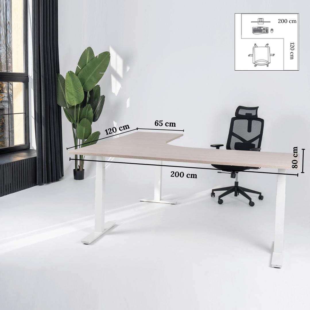 Elektriliselt reguleeritava kõrgusega laud Prestige Line, L-kujuline, 200 cm x 120 cm – Nabucco / Valge / Parempoolne