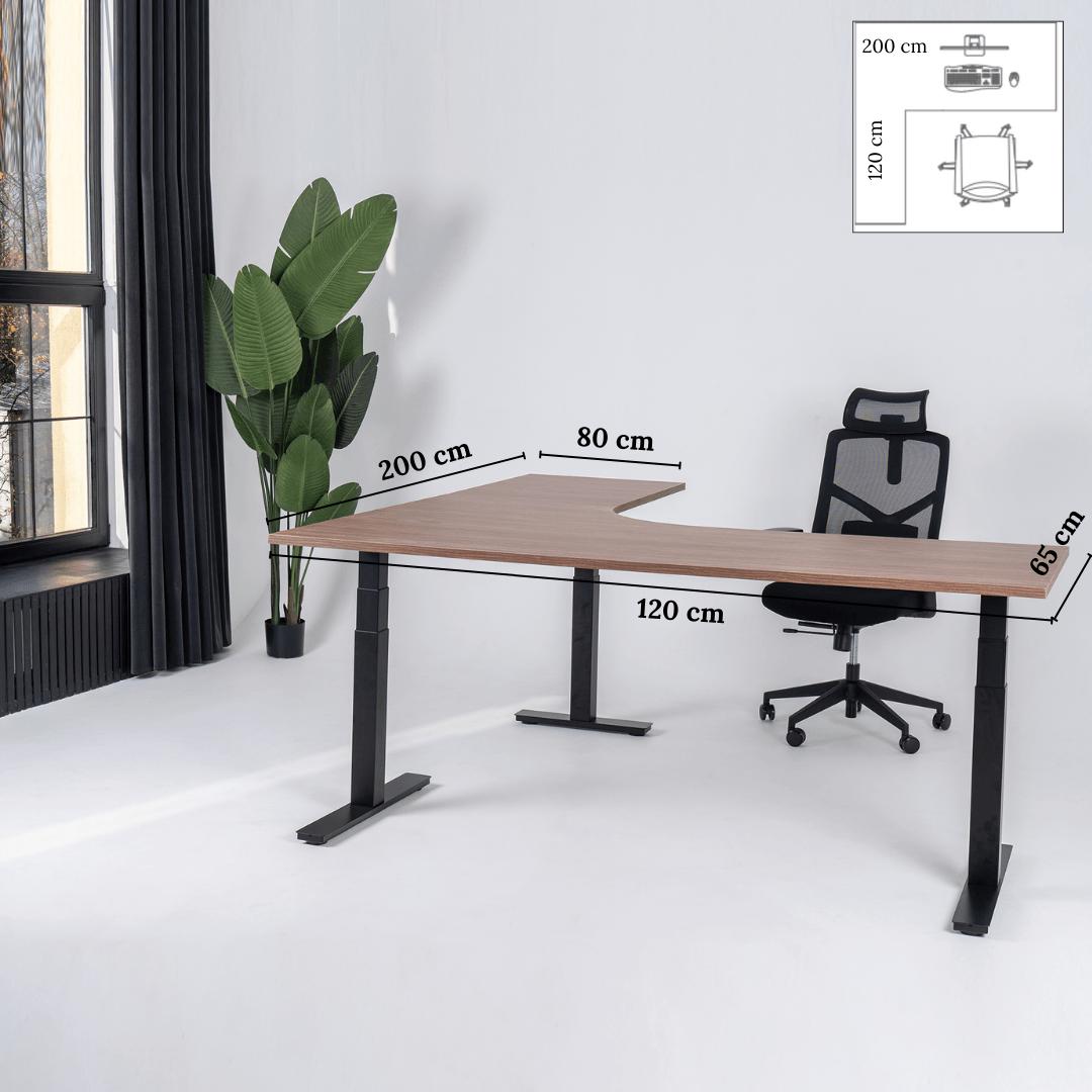 Elektriliselt reguleeritava kõrgusega laud Prestige Line, L-kujuline, 200 cm x 120 cm – Pähklipuit / Must / Vasakpoolne