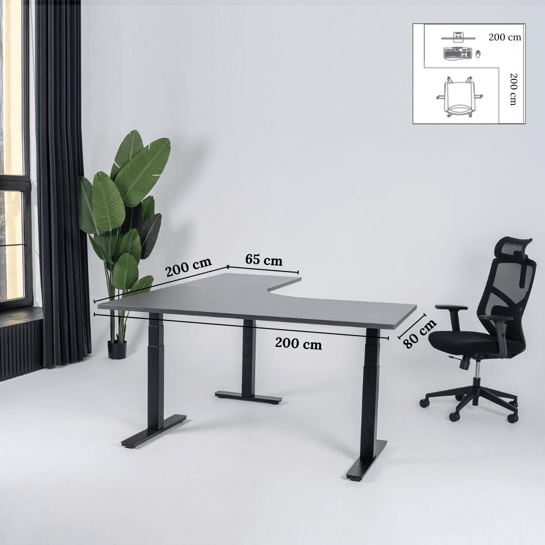 Elektriliselt reguleeritava kõrgusega L-kujuline laud Prestige Line 200 cm x 200 cm – Antratsiit / Must / Parem
