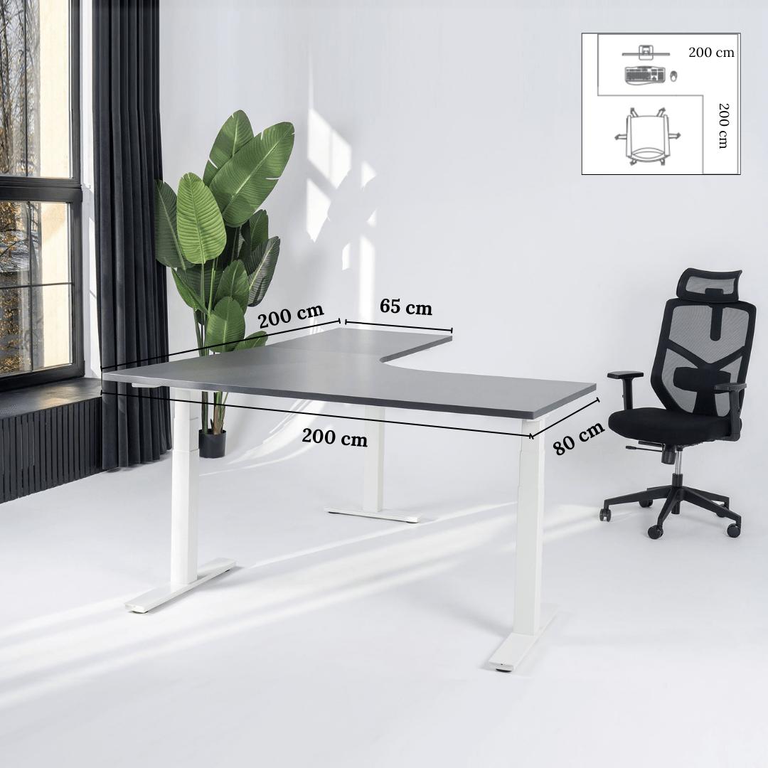Elektriliselt reguleeritava kõrgusega L-kujuline laud Prestige Line 200 cm x 200 cm – Antratsiit / Valge / Parem
