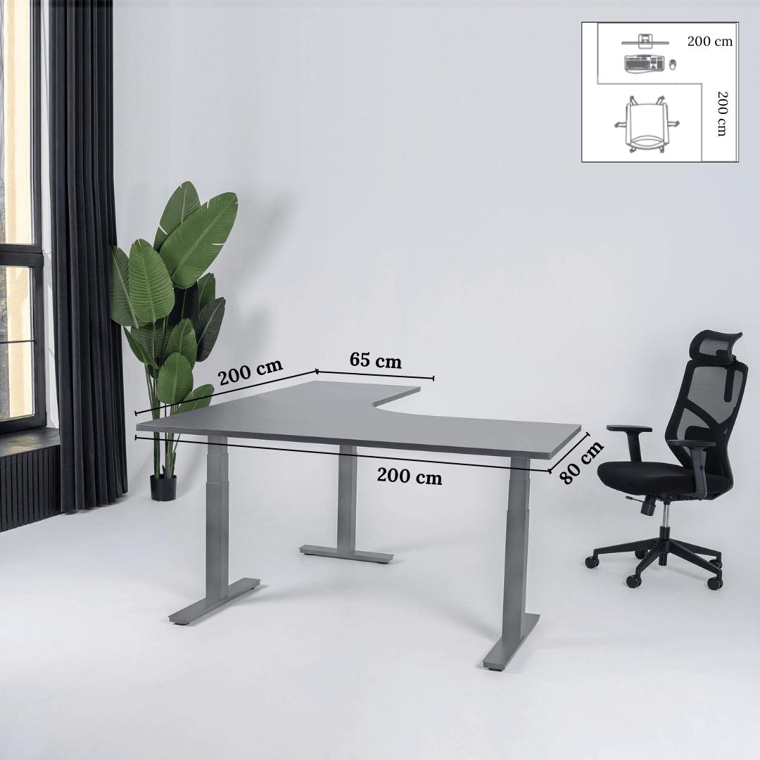 Elektriliselt reguleeritava kõrgusega L-kujuline laud Prestige Line 200 cm x 200 cm – Antratsiit / Hall / Parem