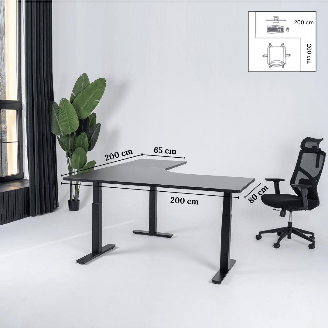 Elektriliselt reguleeritava kõrgusega L-kujuline laud Prestige Line 200 cm x 200 cm – Must / Must / Parem
