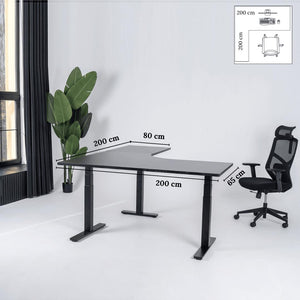 Elektriliselt reguleeritava kõrgusega L-kujuline laud Prestige Line 200 cm x 200 cm – Must / Must / Vasak