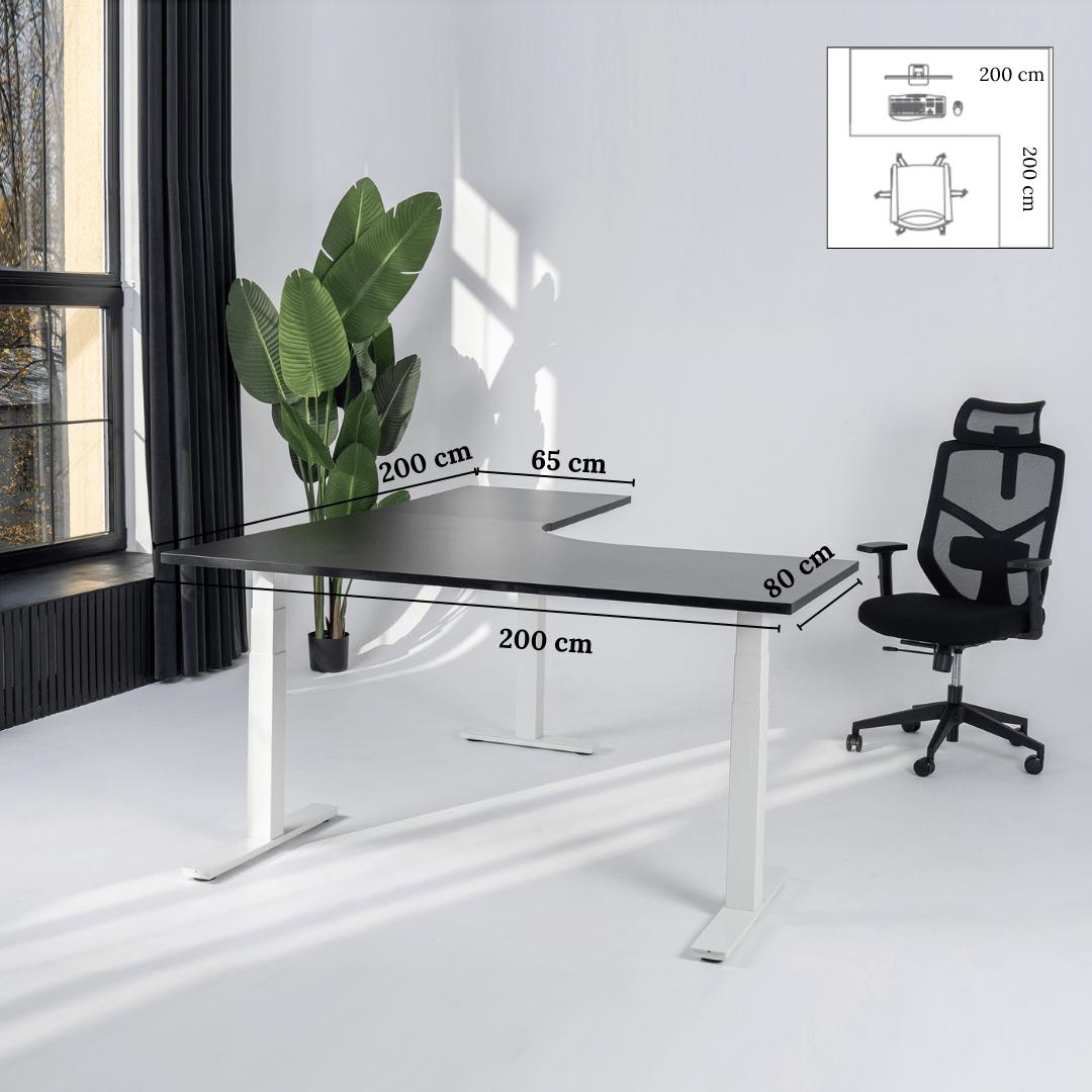 Elektriliselt reguleeritava kõrgusega L-kujuline laud Prestige Line 200 cm x 200 cm – Must / Valge / Parem