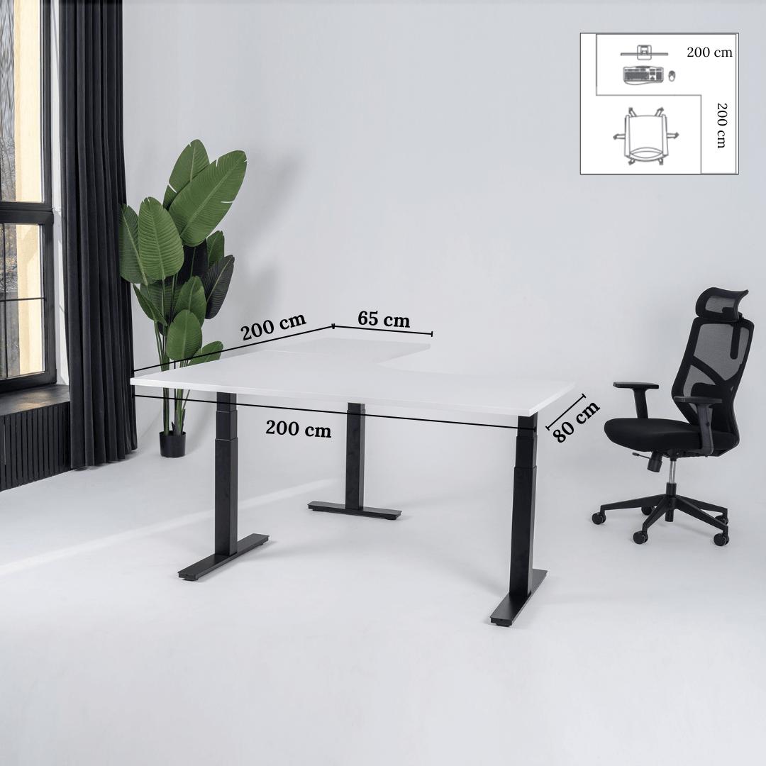 Elektriliselt reguleeritava kõrgusega L-kujuline laud Prestige Line 200 cm x 200 cm – Valge / Must / Parem