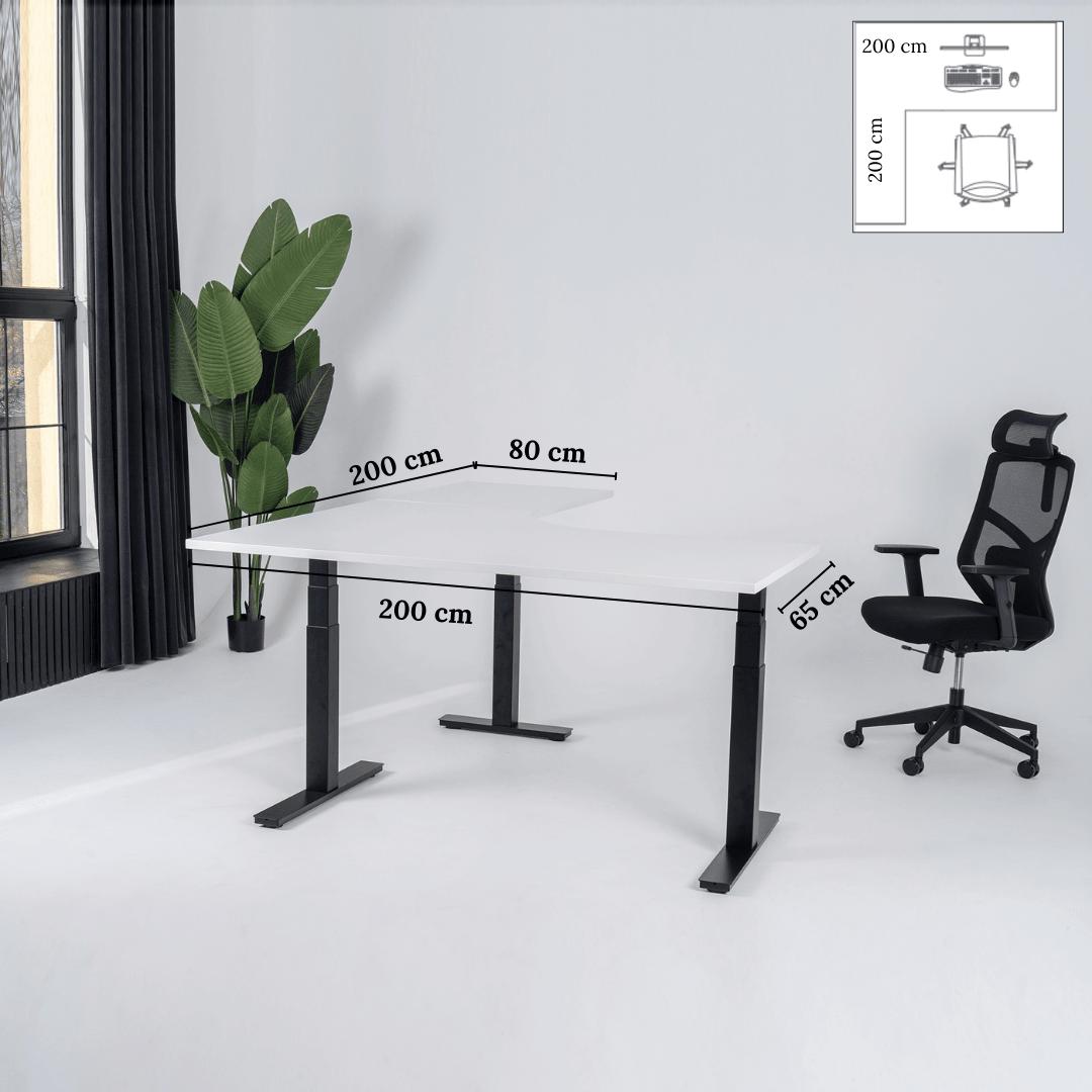 Elektriliselt reguleeritava kõrgusega L-kujuline laud Prestige Line 200 cm x 200 cm – Valge / Must / Vasak