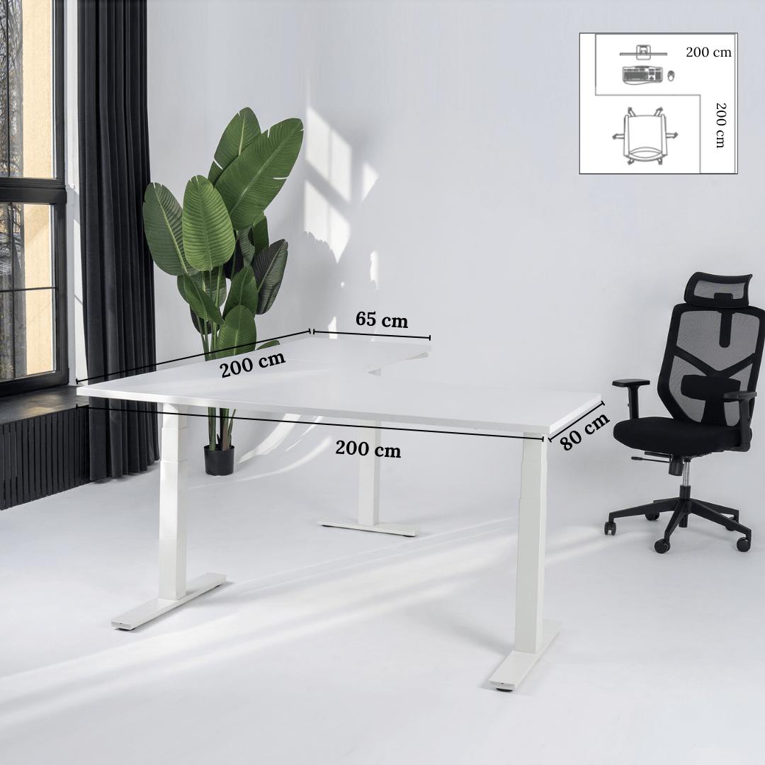Elektriliselt reguleeritava kõrgusega L-kujuline laud Prestige Line 200 cm x 200 cm – Valge / Valge / Parem