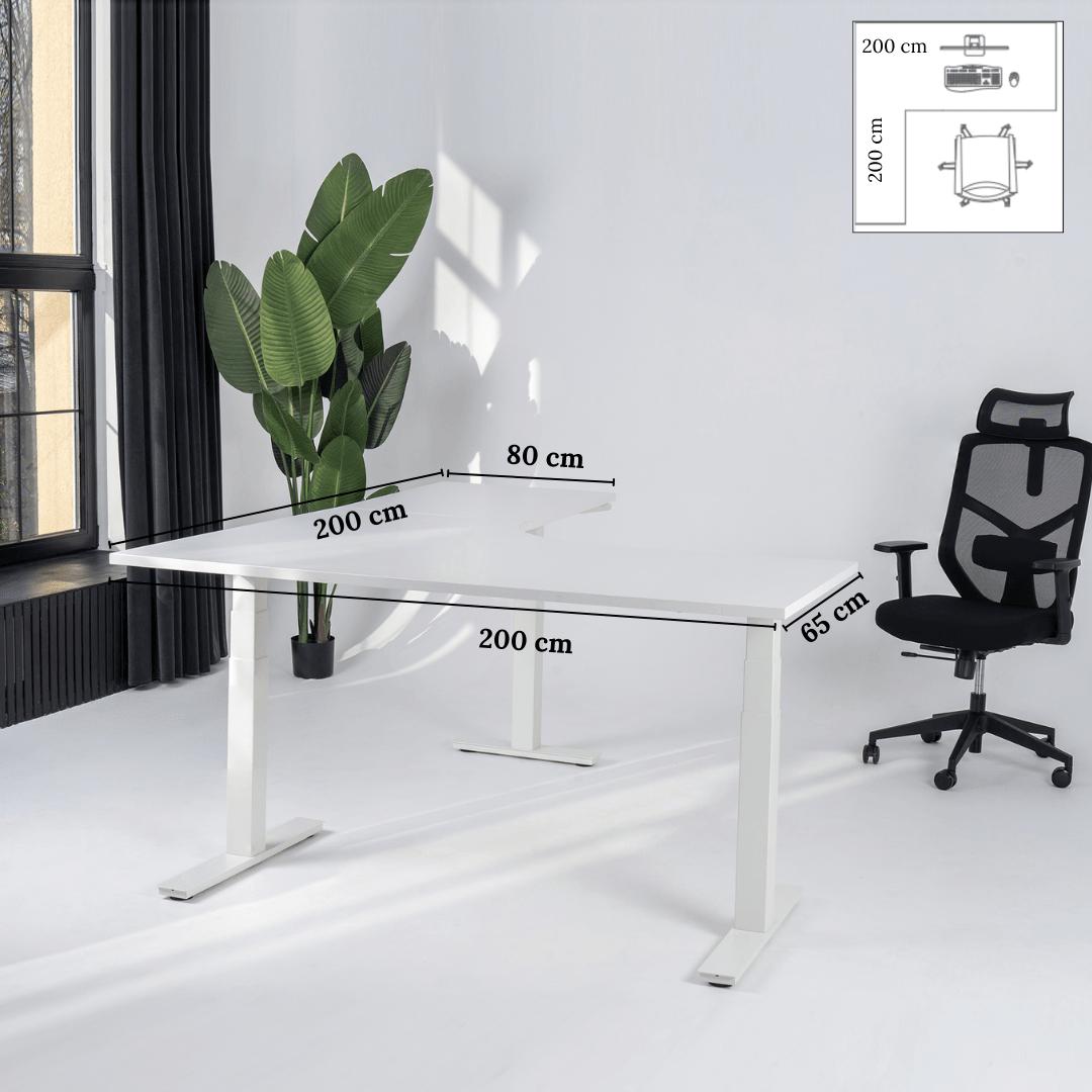 Elektriliselt reguleeritava kõrgusega L-kujuline laud Prestige Line 200 cm x 200 cm – Valge / Valge / Vasak