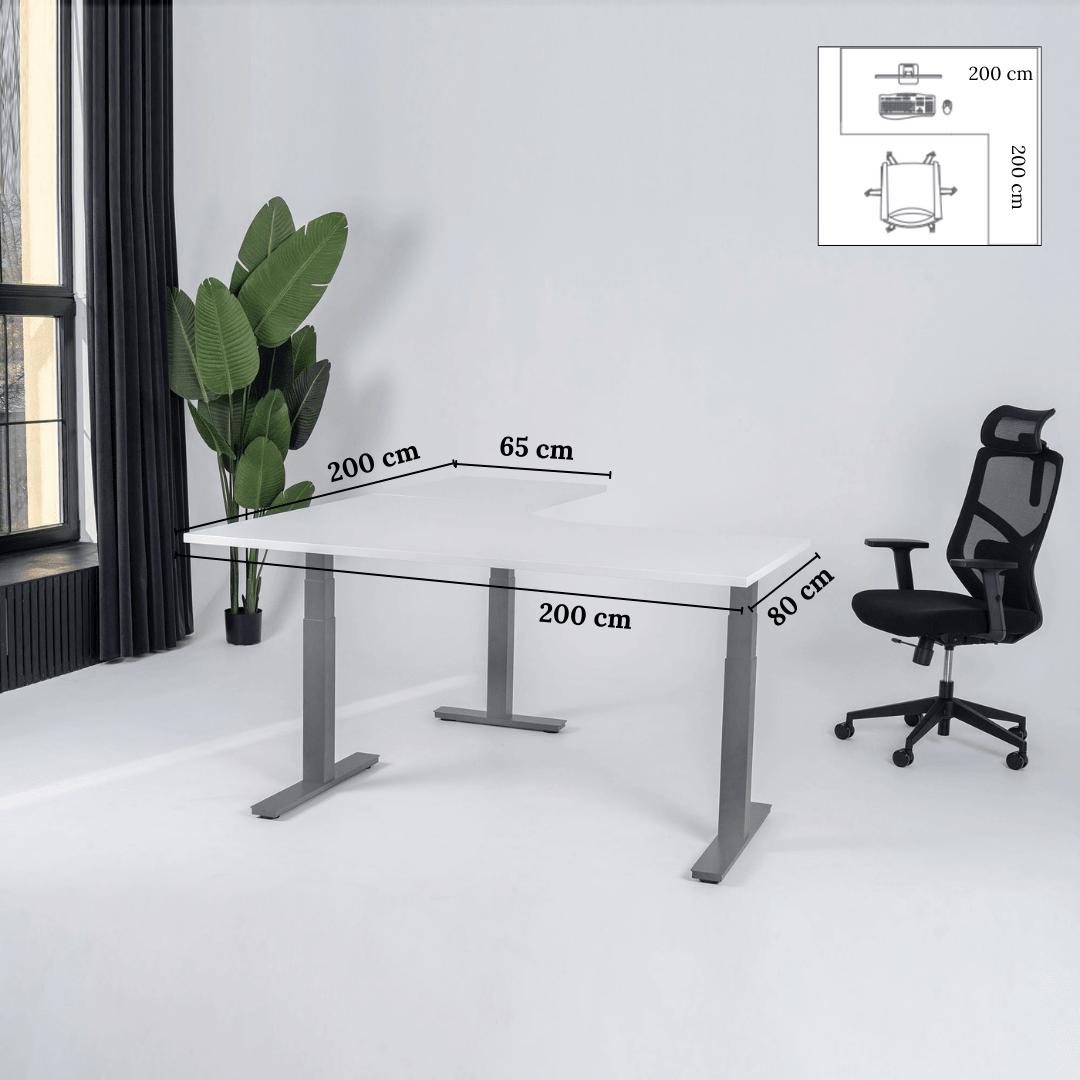 Elektriliselt reguleeritava kõrgusega L-kujuline laud Prestige Line 200 cm x 200 cm – Valge / Hall / Parem