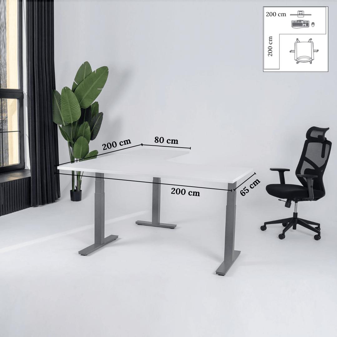 Elektriliselt reguleeritava kõrgusega L-kujuline laud Prestige Line 200 cm x 200 cm – Valge / Hall / Vasak