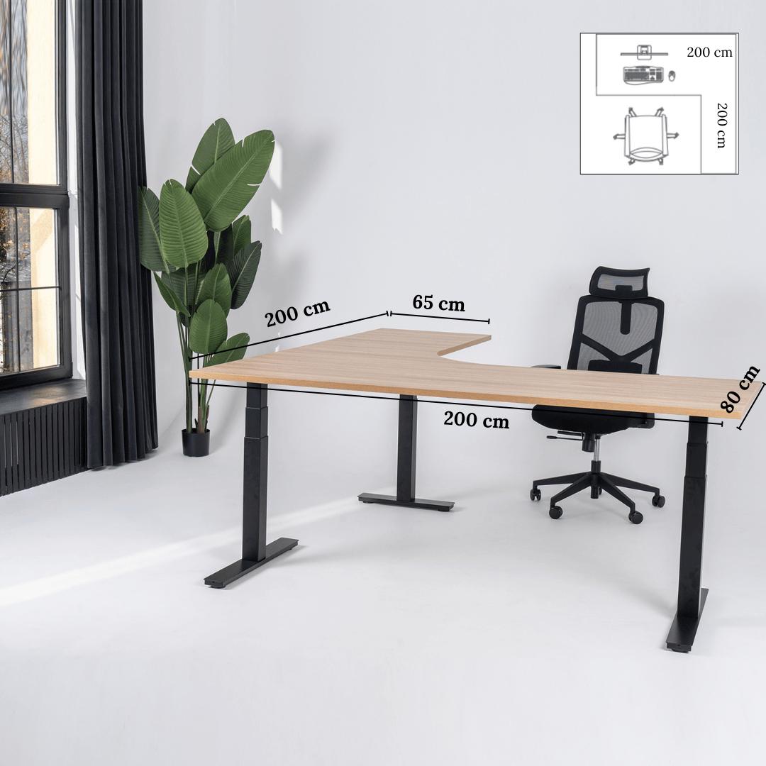Elektriliselt reguleeritava kõrgusega L-kujuline laud Prestige Line 200 cm x 200 cm – American oak / Must / Parem
