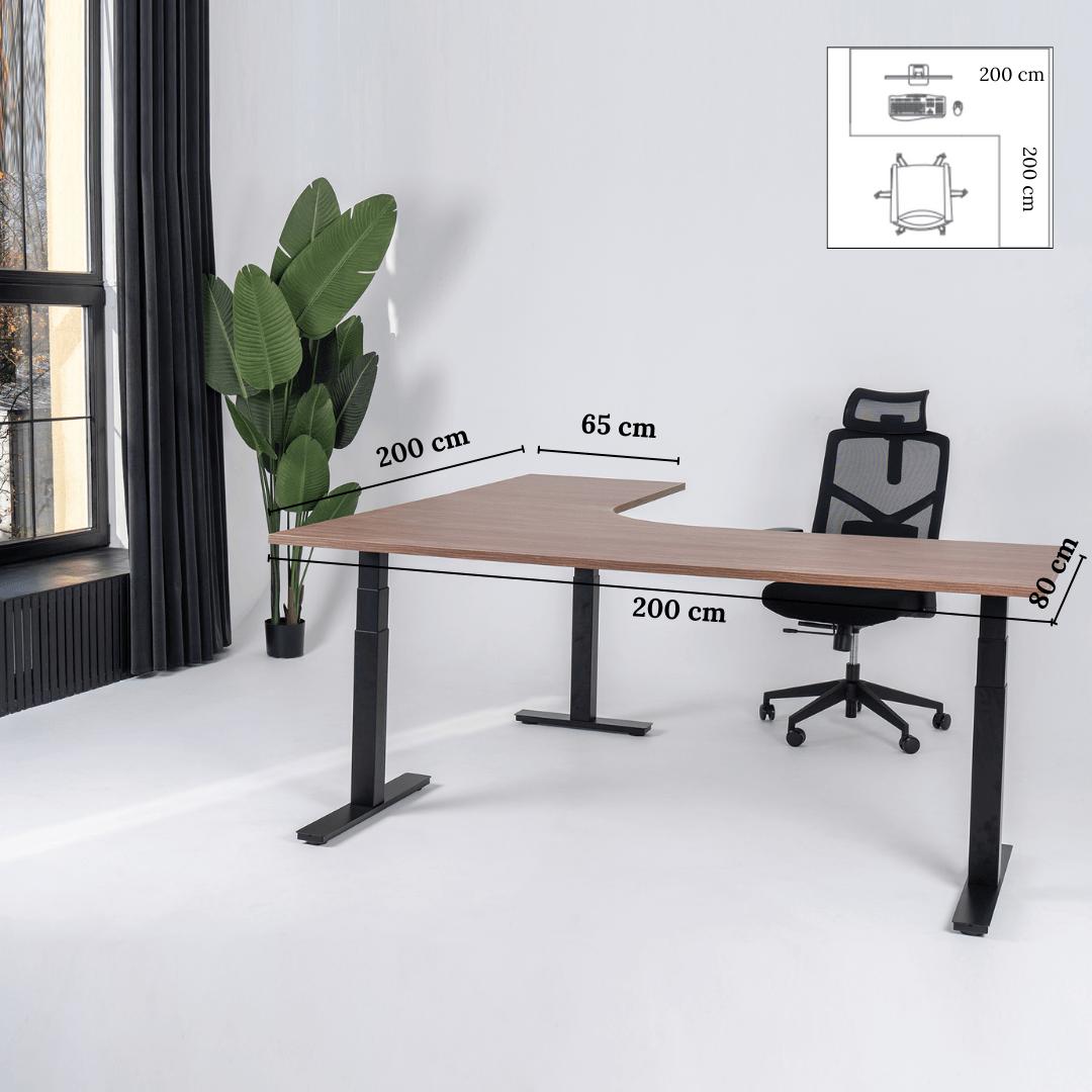 Elektriliselt reguleeritava kõrgusega L-kujuline laud Prestige Line 200 cm x 200 cm – Pähkel / Must / Parem