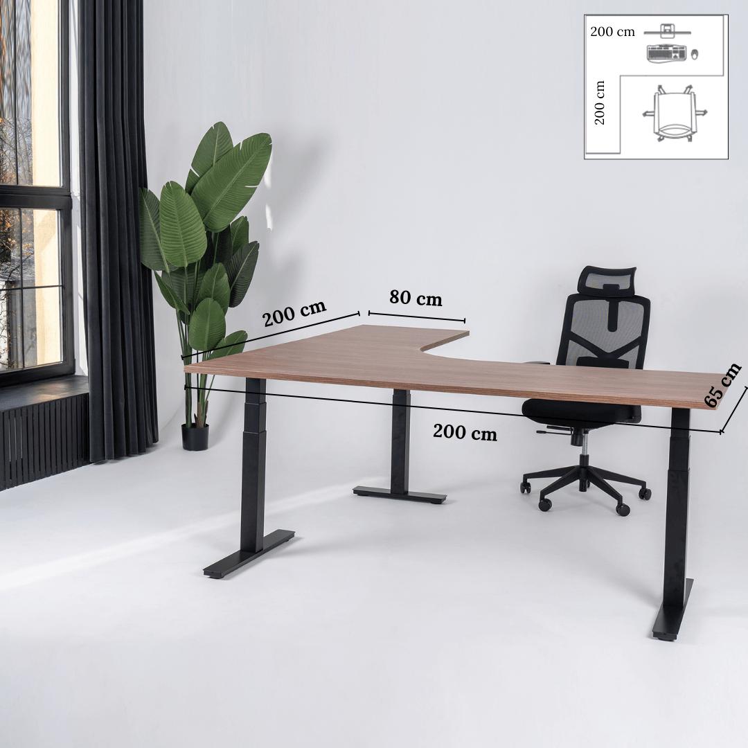 Elektriliselt reguleeritava kõrgusega L-kujuline laud Prestige Line 200 cm x 200 cm – Pähkel / Must / Vasak