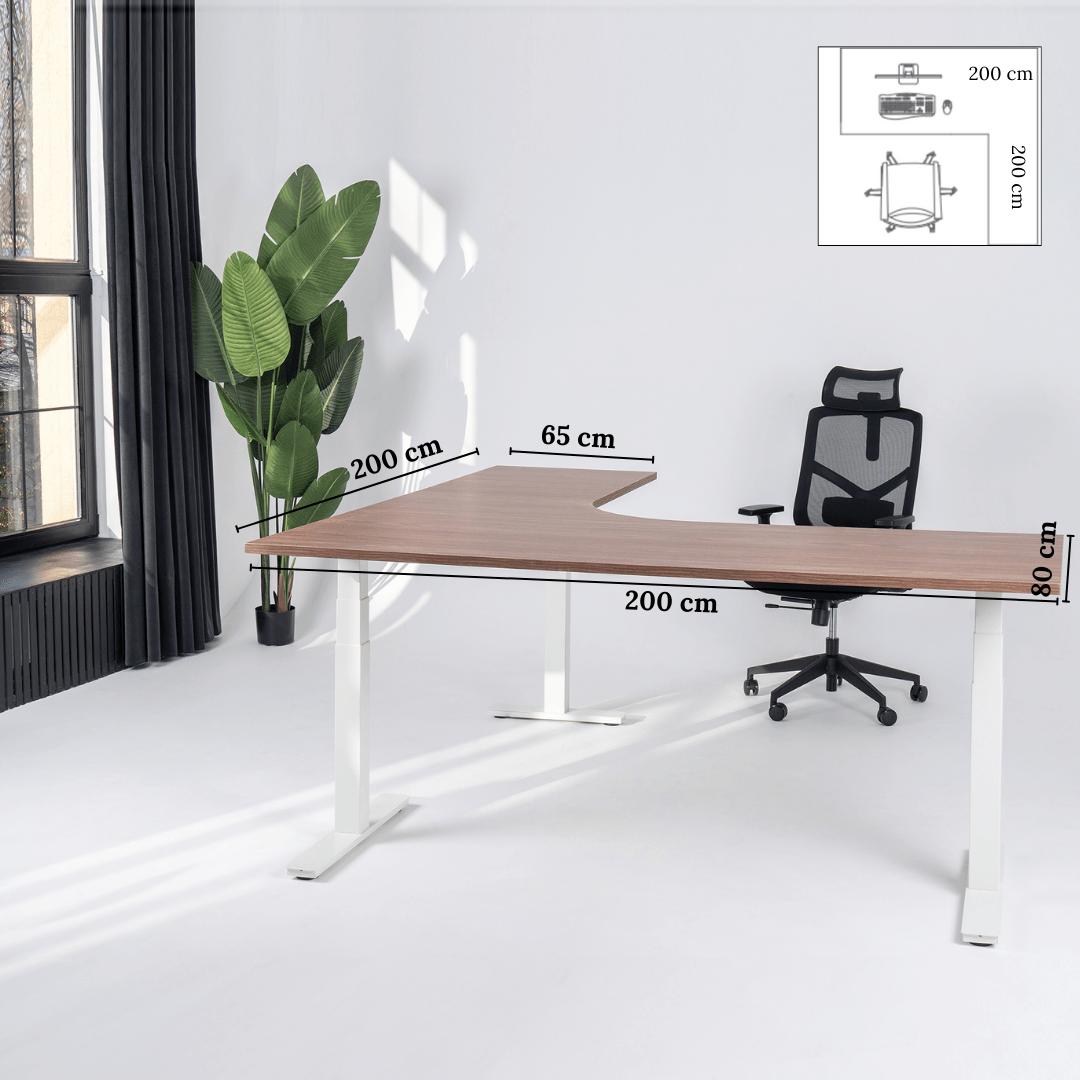 Elektriliselt reguleeritava kõrgusega L-kujuline laud Prestige Line 200 cm x 200 cm – Pähkel / Valge / Parem
