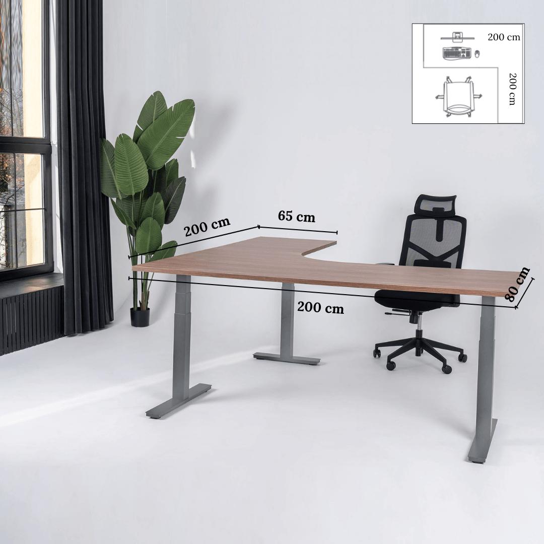 Elektriliselt reguleeritava kõrgusega L-kujuline laud Prestige Line 200 cm x 200 cm – Pähkel / Hall / Parem