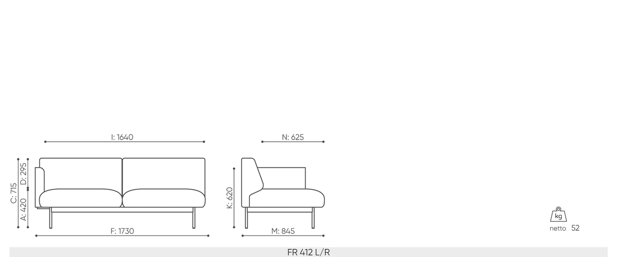 Diivani FORA 412 mõõtmed: 1730 x 845 x 715 mm