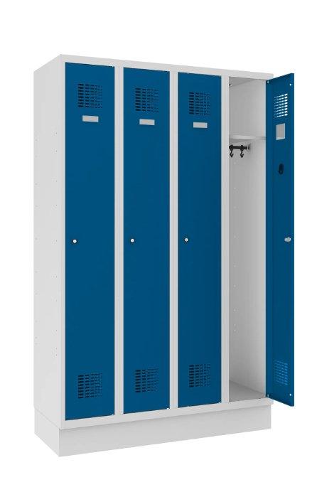 Riidekapp Classic sokliga, 4 sektsiooni – helehall / sinine